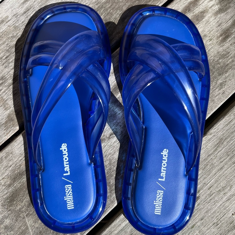 Melissa x Larroude Cali Slide blue pvc size 7